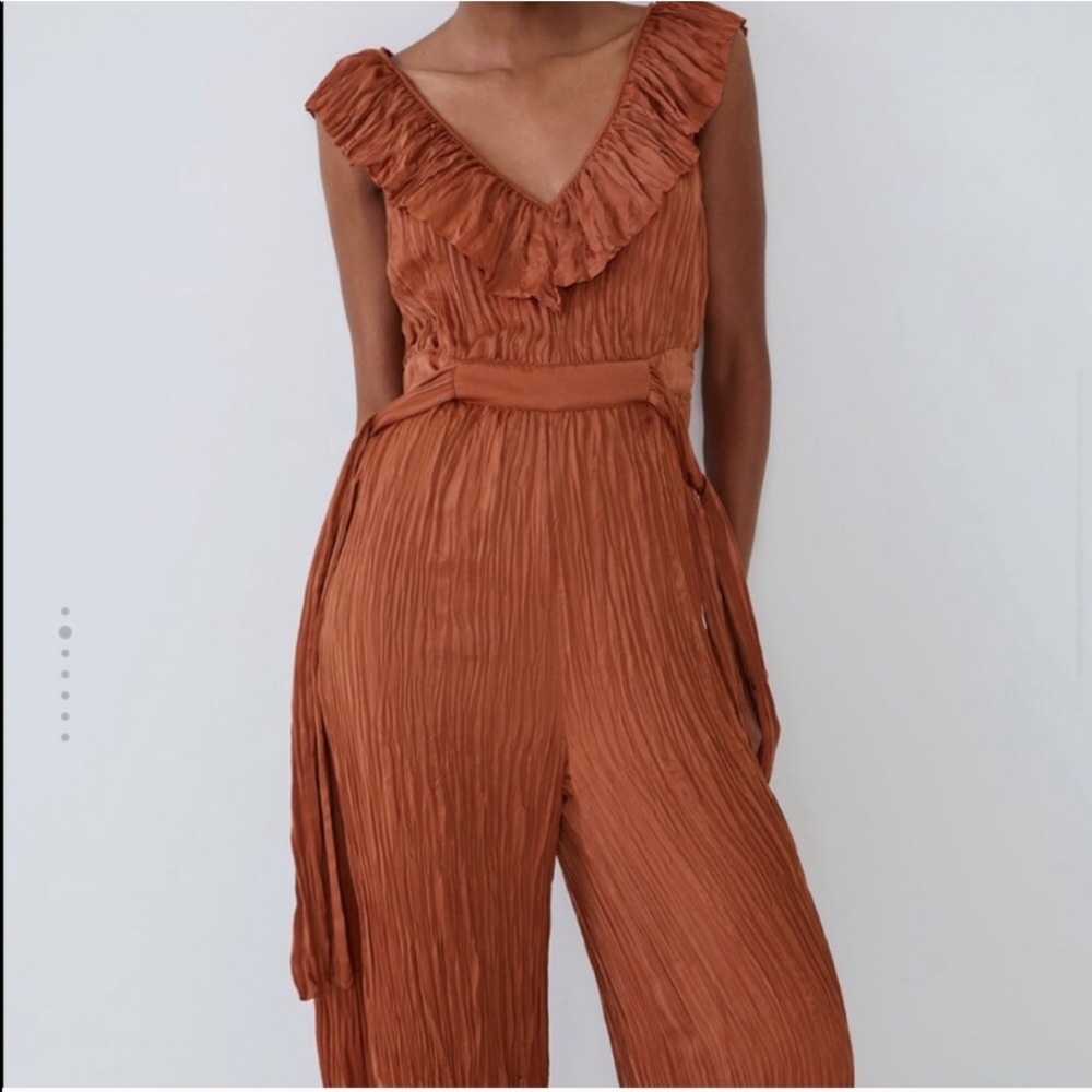 Zara Rust Orange Ruffled V-Neck Jumpsuit